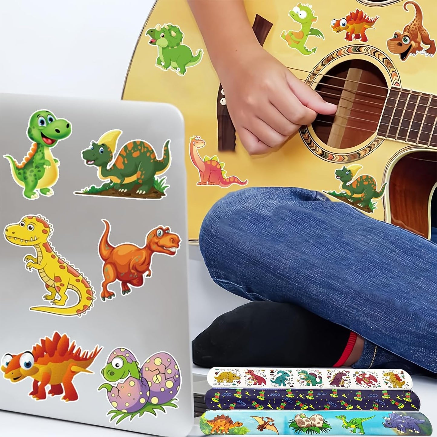 74Pcs Dinosaur Theme Party Favors Contain 24 Pcs Slap Bracelets 50Pcs Stickers, Dino Theme Birthday Party Decorations,Classroom Rewards Supplies.