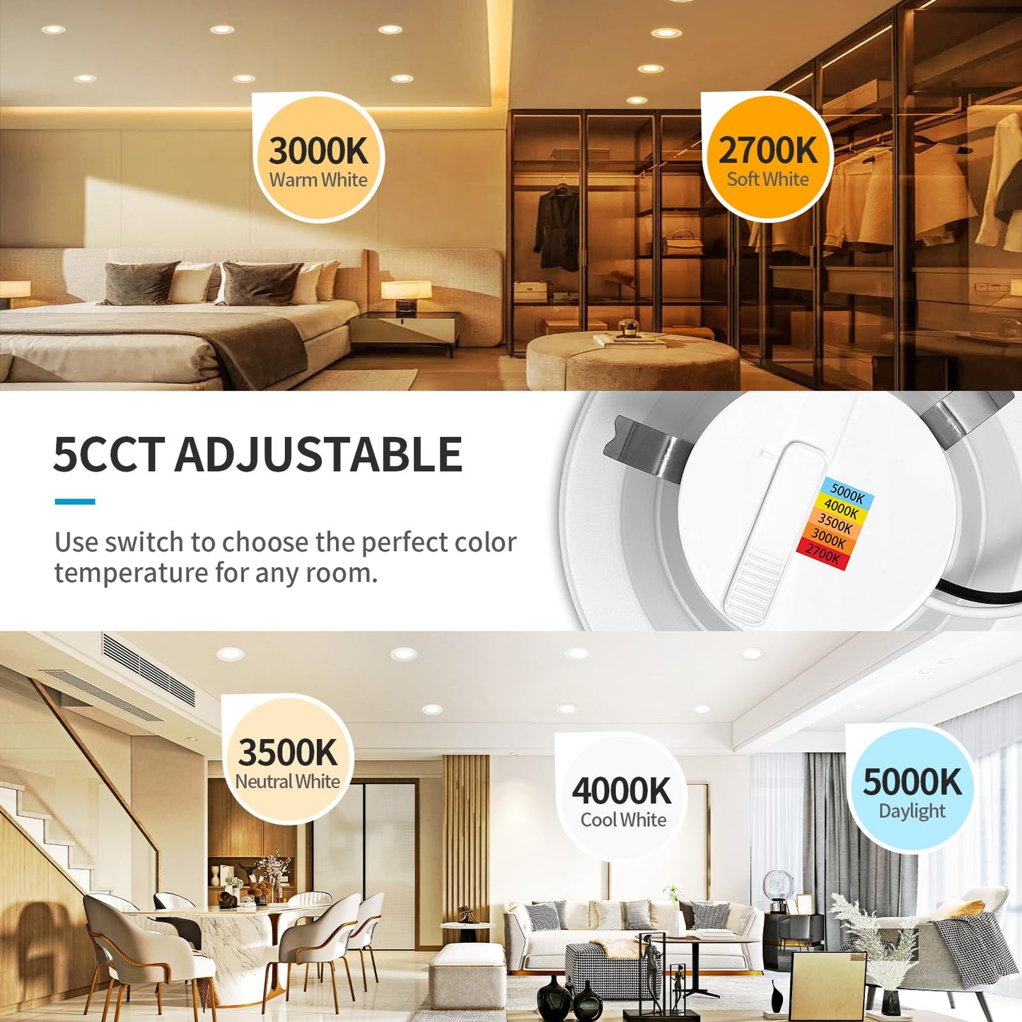 Mw Led Recessed Lighting 6 Inch Retrofit 2700K/3000K/3500K/4000K/5000K 6 Led Can Light Retrofit Smooth Trim 14W Equal 100W 1100Lm Ic & Wet Rated  Etl And California Ja8 Certified