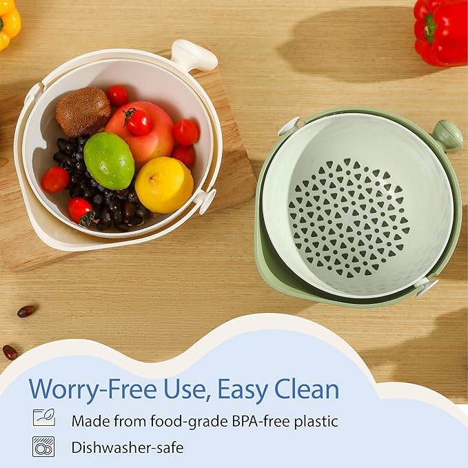 Chef's Path 2 in 1 Kitchen Strainer and Colander for Kitchen, Multifunctional Food Strainer Set, BPA Free Plastic Colander with Handle, Pasta Drainer, Veggie and Fruit Cleaner - White