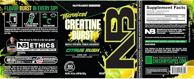 NutraBio Pure Micronized Creatine Monohydrate Powder Supplement, Citrus Rush, (300 g) - Supports Bulk Muscle Energy, Recovery, and Strength - HPLC Tested Creatine Powder Supplement for Men and Women