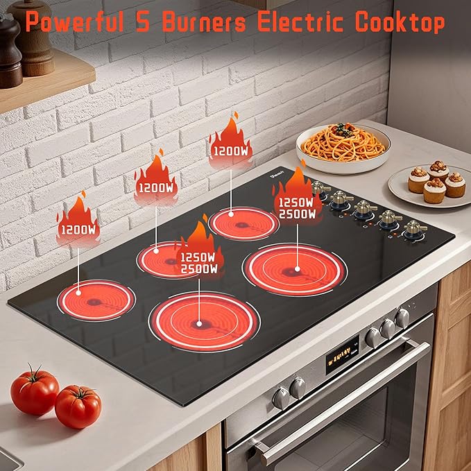 Electric Cooktop 36 Inch - 5 Burner Electric Stove Top with 8400W, 36 Inches Built-in Ceramic Stove with Two Dual Rings, Overheat Indicator, Knob Control, 220V - 240V Hard Wired (No Plug)