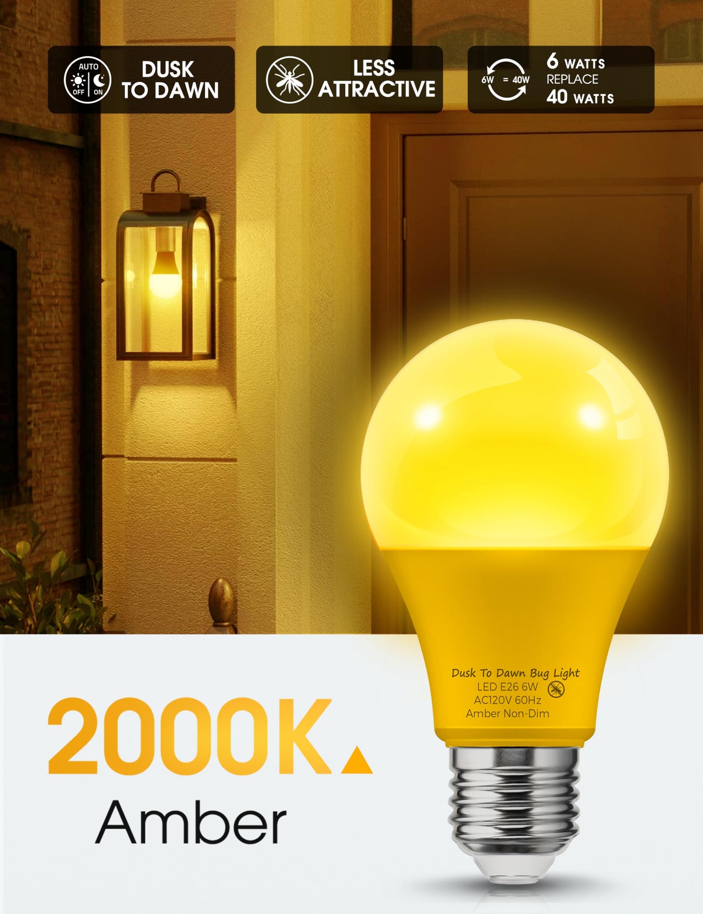 L LOHAS LED Amber Porch Light Bulbs, 6W Dusk to Dawn Sensor, 2000K, E26, 4 Pack, Yellow, Model LH-QW-E26-500