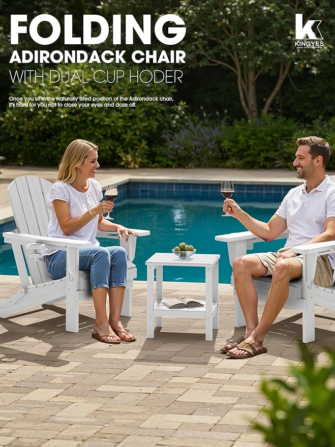 KINGYES Folding Adirondack Chair Set of 2, Dual Cup Holders & All-Weather HDPE, Wood-Like Patio Chair for Backyard, Camping, Pool & Fire Pit, White
