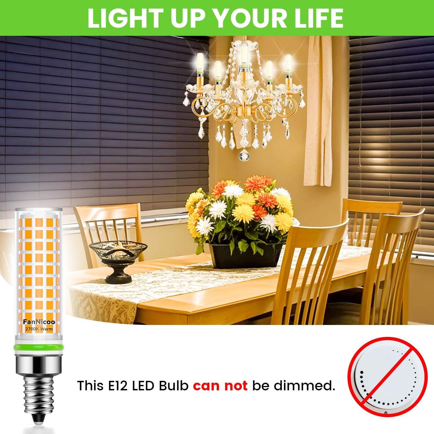 E12 Led Bulb 100W Equivalent 1200Lm 2700K Led Candelabra Bulbs Warm White 10W T6 C7 Candle Light Bulbs For Ceiling Fan Pendant Lighting Salt Lamp Non-Dimmable(5Pack)