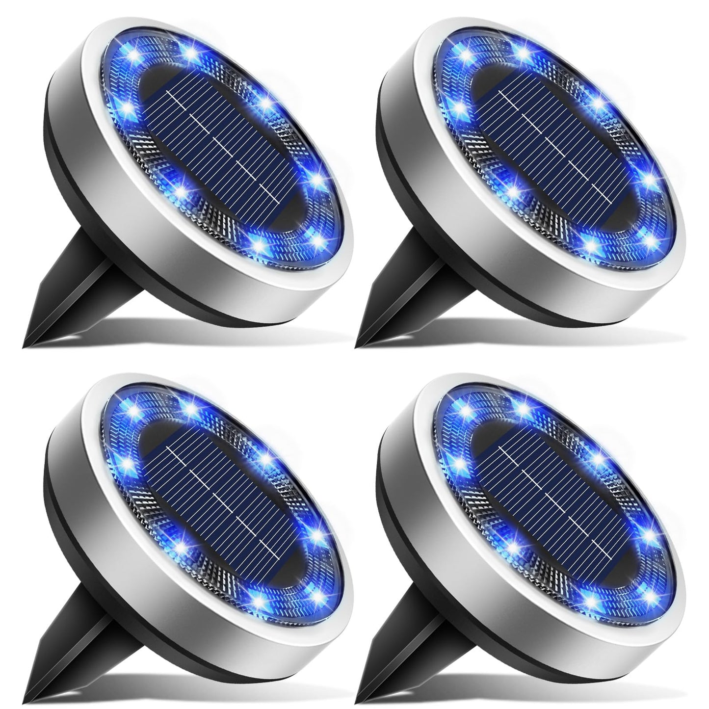 btfarm Solar Ground Lights, 8 LED Waterproof Disc Lights, 4 Pack, Blue, Model DC-CD915