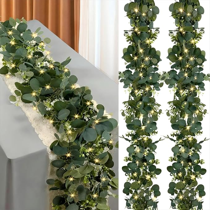 Eucalyptus Garland with Lights, 2 Packs 6FT Green Flower Garland Decor, Artificial Faux Eucalyptus Leaves Greenery Vines f...
