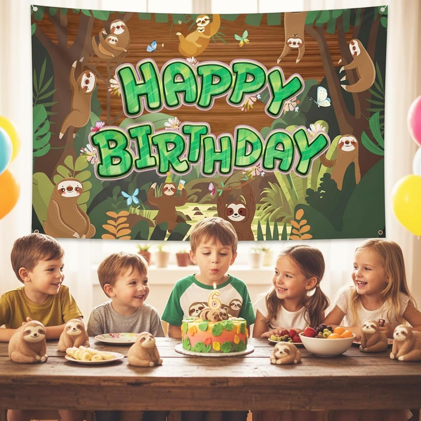 Sloth Happy Birthday Backdrop Banner - Cute Sloth Themed Birthday Photo Background with Tropical Leaves, Jungle Rainforest Cute Animal Party Decorations for Kids Boys Girls