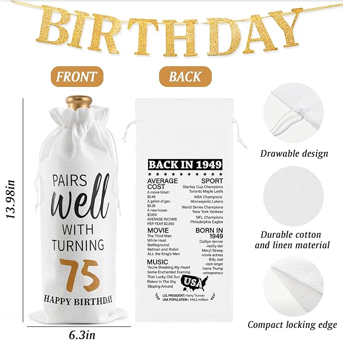 Lifecapido 75th Birthday Gifts for Women, Vintage 1949 Limited Edition Insulated Wine Tumbler with Wine Bag, 75th Birthday Gift Ideas, 75 Year Old Birthday Gifts for Friends Mom Grandma, 12 oz