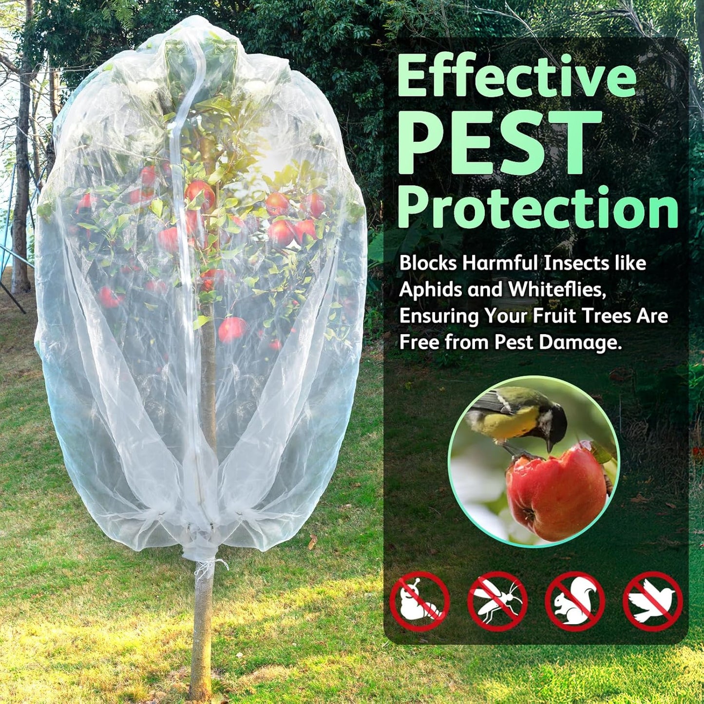 JOJOLEE Fruit Tree Netting for Garden Protection, 2Pcs 7.8 x 7.8FT Insect Bird Nettings with Zipper and Drawstring, Plant Cover Mesh Net Bags for Blueberry Bushes, Tomatoes, Flowers