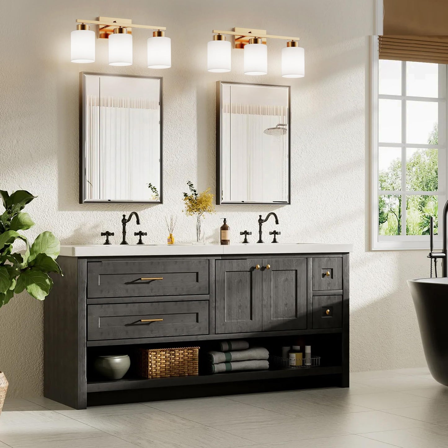 Partphoner 3-Light Brushed Gold Bathroom Light Fixtures  Modern Vanity Light Over Mirror Lighting  Wall Sconce With Frosted Milky White Glass Shades For Bedroom Living Room Kitchen Hallway