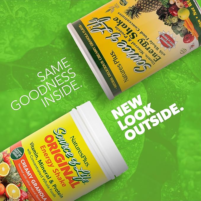 NaturesPlus Source of Life Energy Shake - 2.2 lbs Multivitamin, Mineral & Protein Powder - Granola Flavor - Whole Food Meal Replacement - Non-GMO, Vegetarian, Gluten-Free - 26 Servings