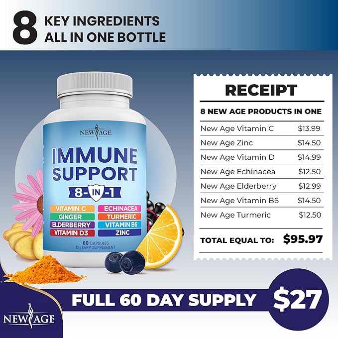 NEW AGE 8 in 1 Immune Support Booster Supplement with Echinacea, Vitamin C and Zinc 50mg, Vitamin D 5000 IU, Turmeric Curcumin & Ginger, B6, Elderberry (8 in 1 Capsules (Pack of 3))