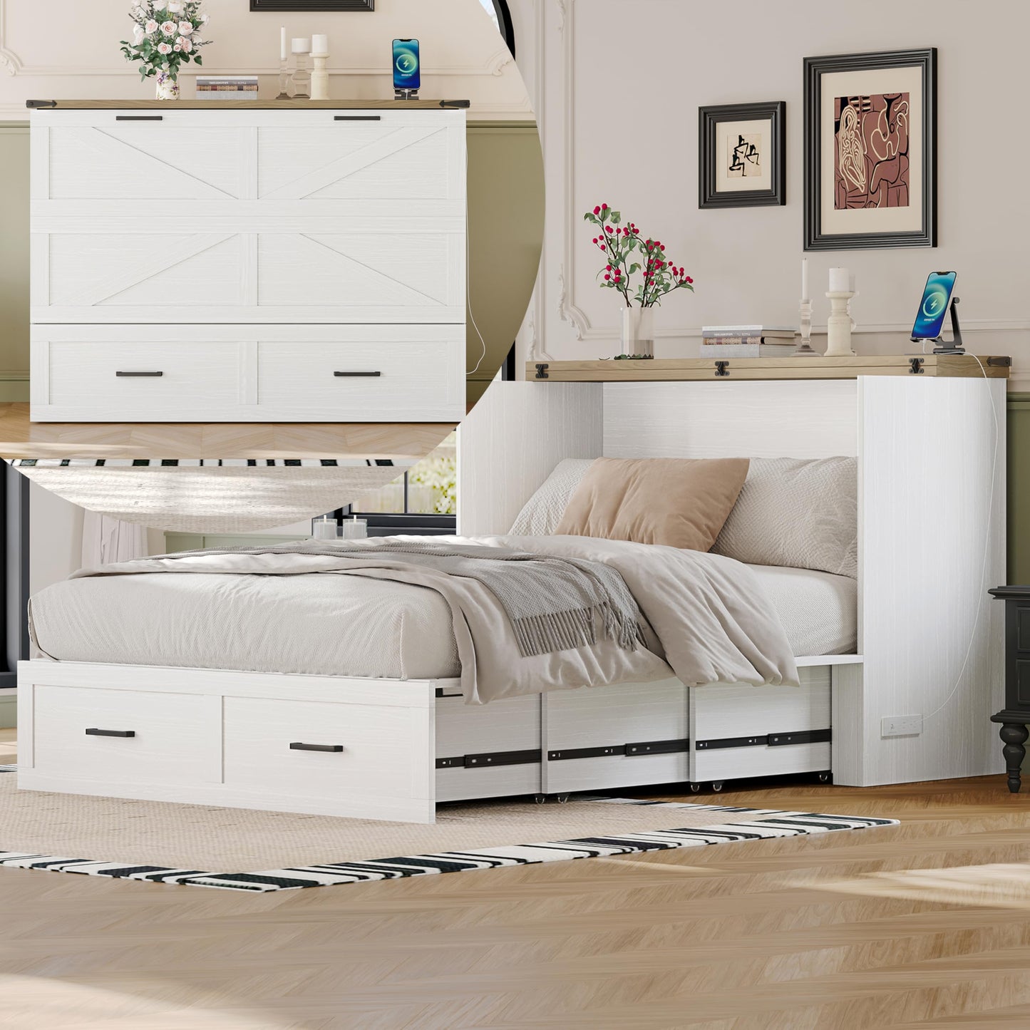 DNYN Farmhouse Murphy Cabinet Bed with Large Storage Drawer for Bedroom/Guest Room, Full-Size Foldable Wall Bed Frame with Charging Station, Space-Saving Design & No Box Spring Needed