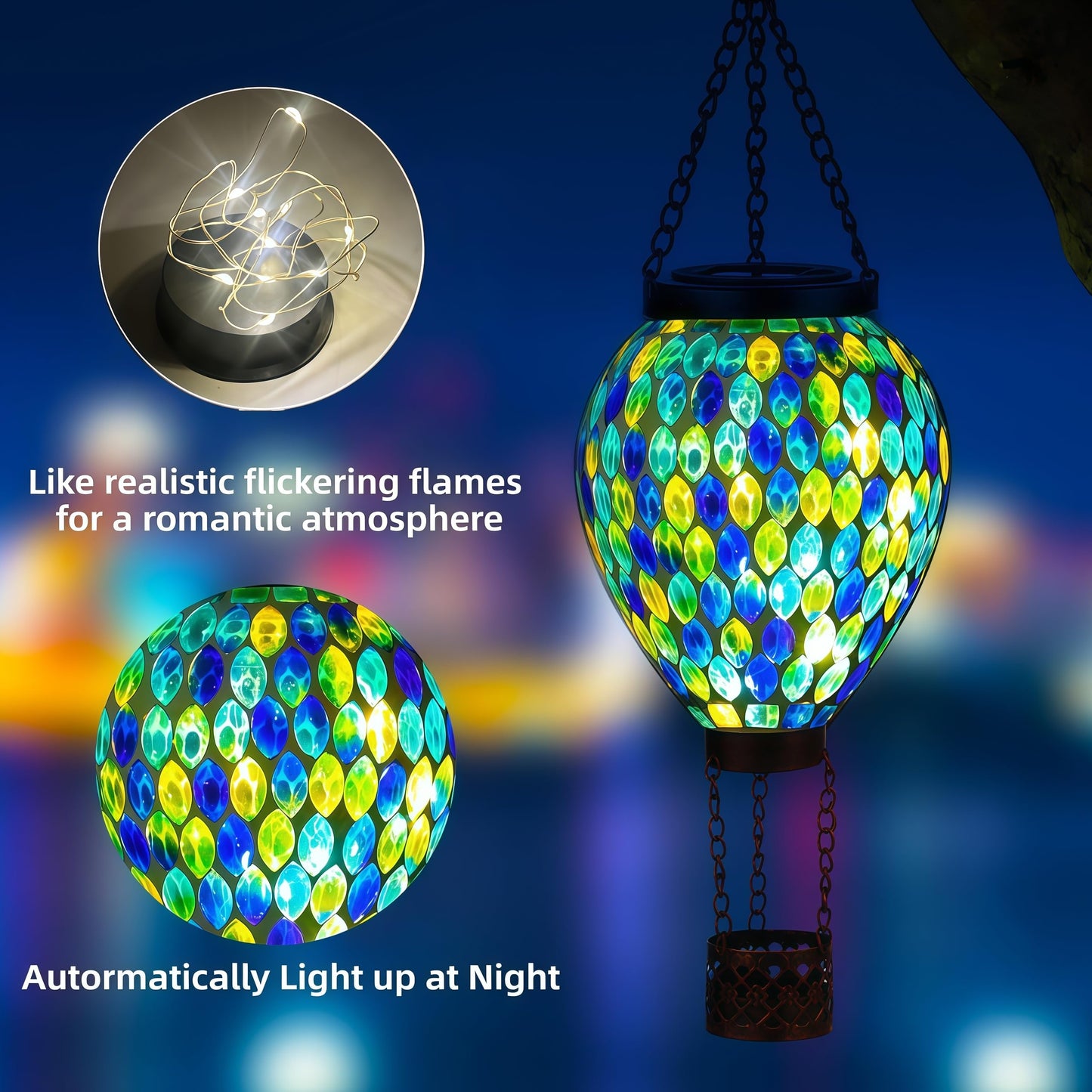 Voreen Hot Air Balloon Solar Lantern  Handmade Mosaic Solar Outdoor Hanging Wind Light  Waterproof  Patio Festive Decor  Gift For Mom Wife Friend  Blue