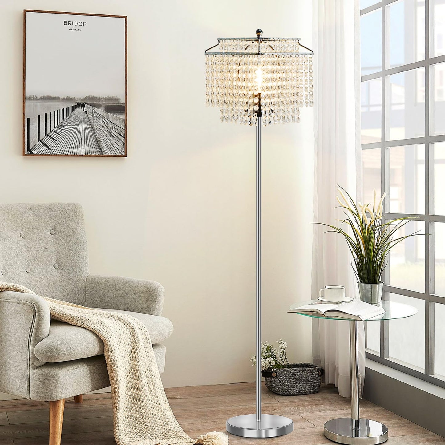 Luvkczc Silver Crystal Floor Lamp, Modern Design, Double-Layer Lampshade, On-Off Foot Switch, 8W Bulb Included
