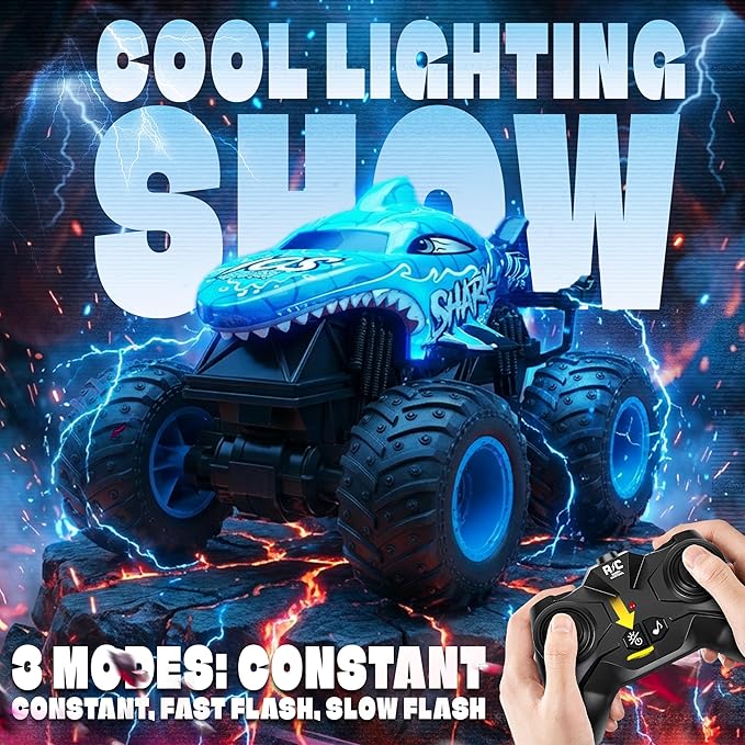 BEZGAR Monster Truck Toys - Remote Control Monster Truck with Light & Music, Dinosaur Toys for Kids, 1:20 Scale RC Truck with 360° Spins and Drifting, Remote Control Car for Boys (Blue)