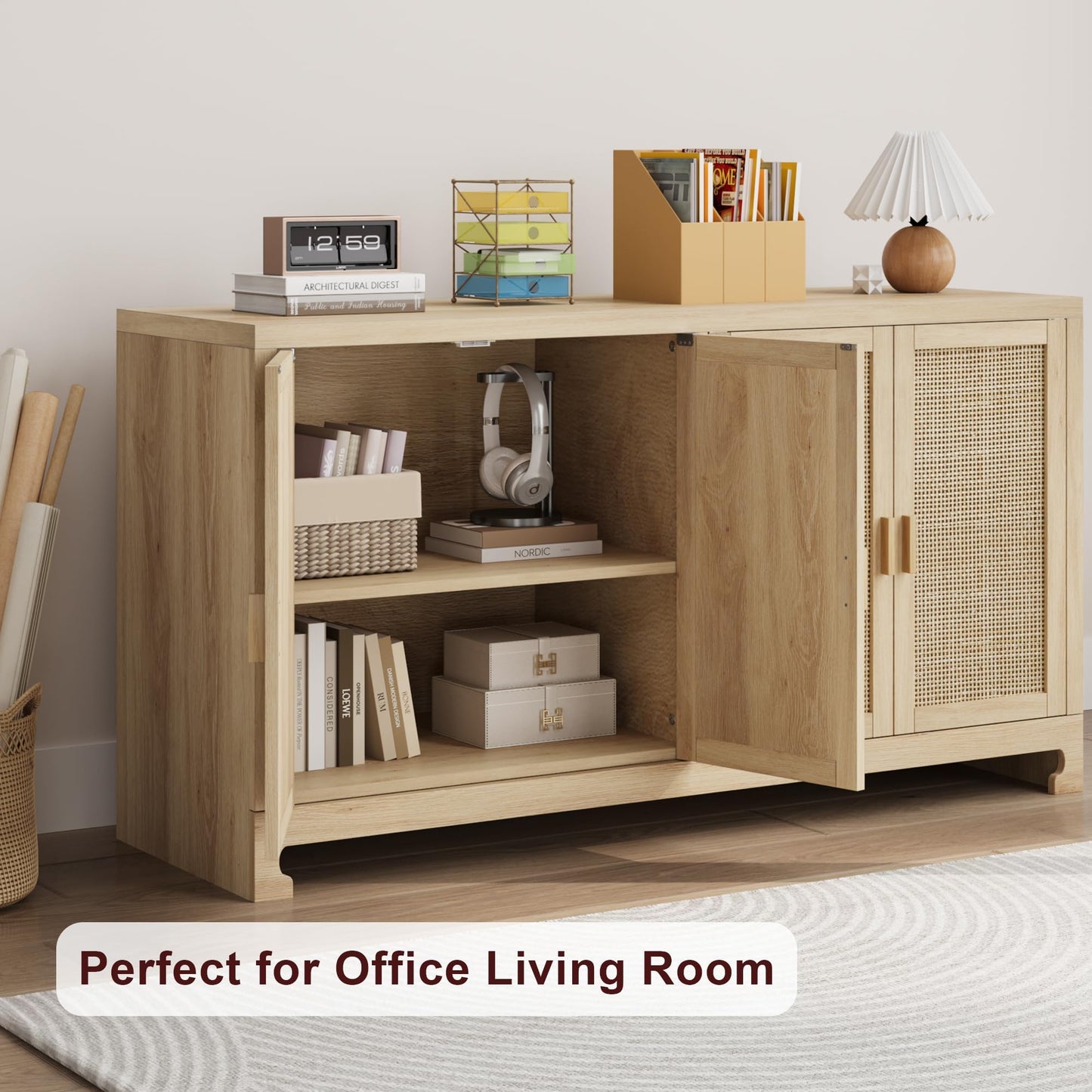GarveeHome 60 in Farmhouse Rattan Buffet Cabinet - 4-Door Woven Storage Sideboard with Adjustable Shelves, Kitchen Console Table for Dining Room & Living Room Entryway (Oak Brown)
