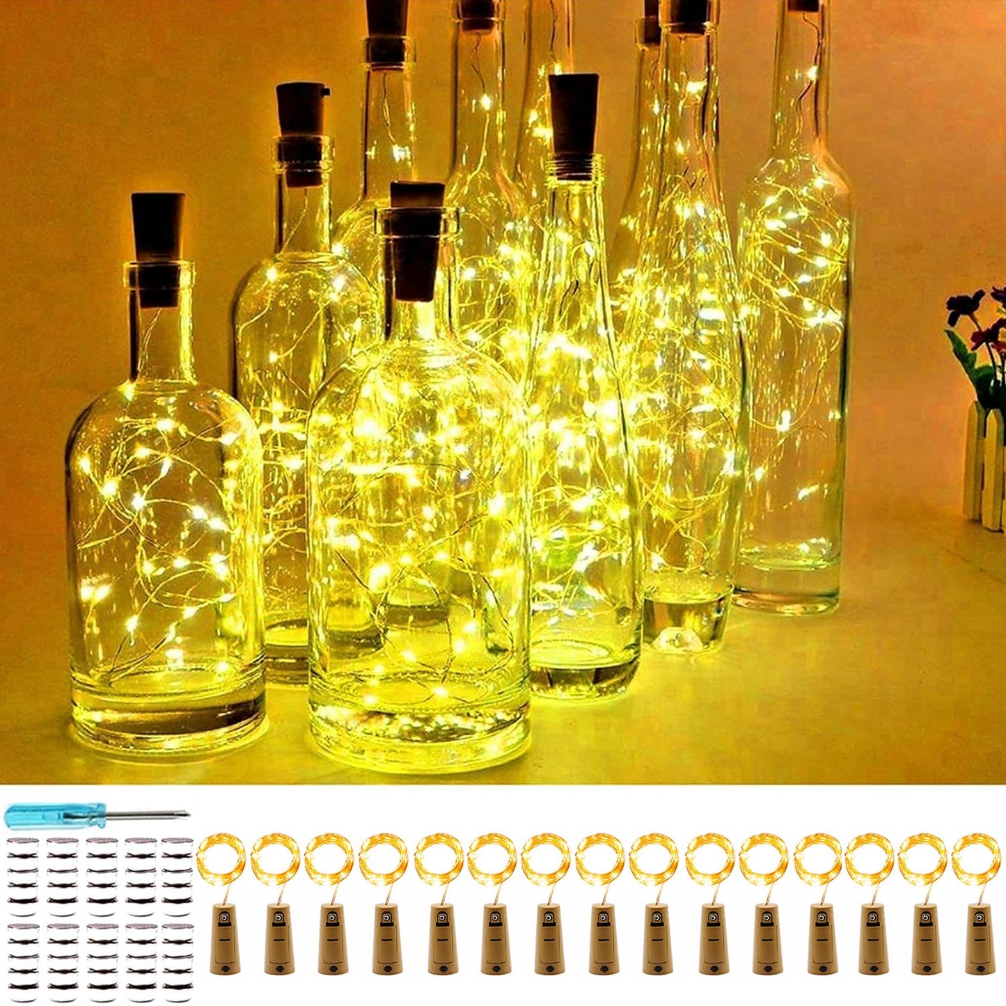 VOOKRY Wine Bottle Lights, 15 Pack, 20 LED, 6.5 ft Mini Copper Wire, Battery Operated, Warm White for DIY, Party, Wedding, Decoration