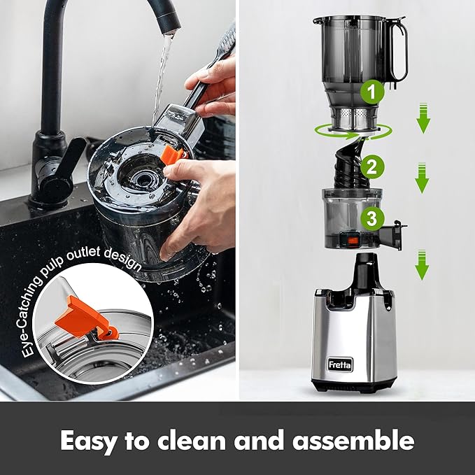 Fretta Cold Press Juicer,Juicer Machines Vegetable and Fruit,Masticating Juicer with 5.3'' Large Feed Chute fit Whole Fruits,BPA-Free, Reverse Function,Durable Stainless Steel Body,250W Quiet Motor
