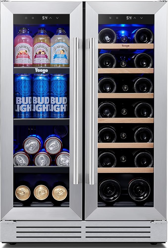 Yeego Wine and Beverage Refrigerator, 24" Dual Zone Upgraded Wine Beverage Cooler Built-In or Freestanding Wine Fridge with Glass French Door,Large Capacity Beer Fridge Holds 20 Bottles & 60 Cans