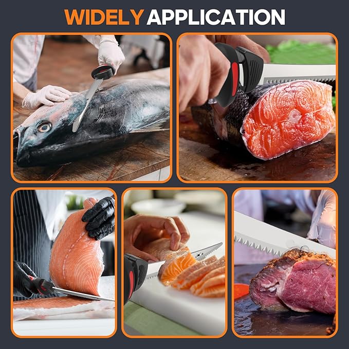 VLOXO Electric Fillet Knife, Cordless Fillet Knife with 4 Stainless Steel Blades Safety Lock Non-Slip Grip Handle Storage Case Rechargeable Electric Knives for Filleting, Meat, Bread, Turkey