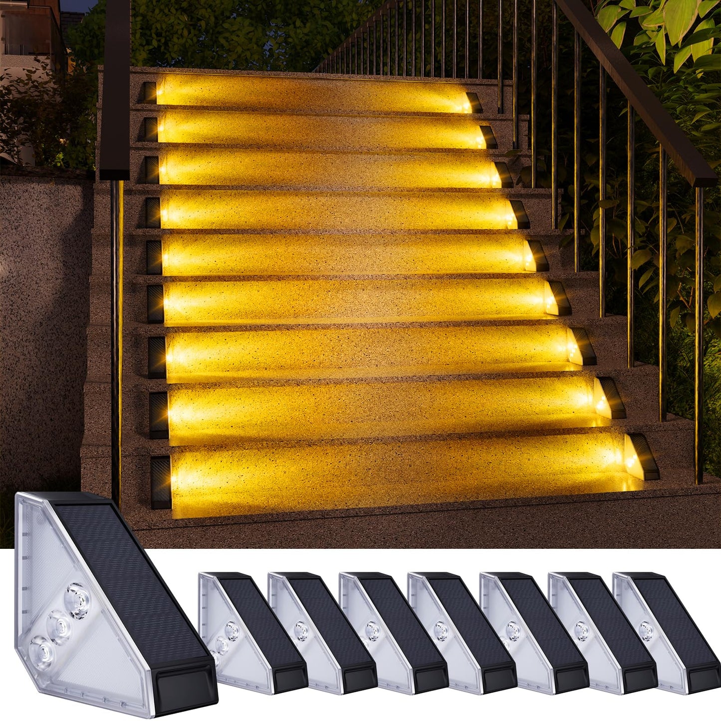 Kinkai Solar Step Lights For Outside  8 Pack Triangle Stair Light Outdoor Waterproof Deck Lighting For Garden  Patio  Yard  Front Door  Porch Decor (Warm Light)