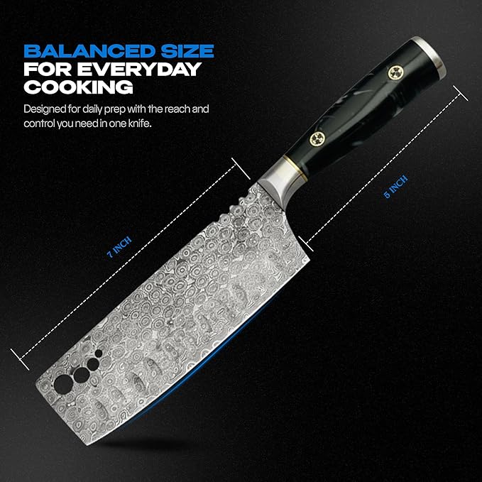 Hand-Forged Damascus 7" Nakiri Knife – Japanese-Style Vegetable Cutter with 133-Layer Blade, Hollow Edge & Herb-Stripping Holes – Premium Damascus Chef Knife