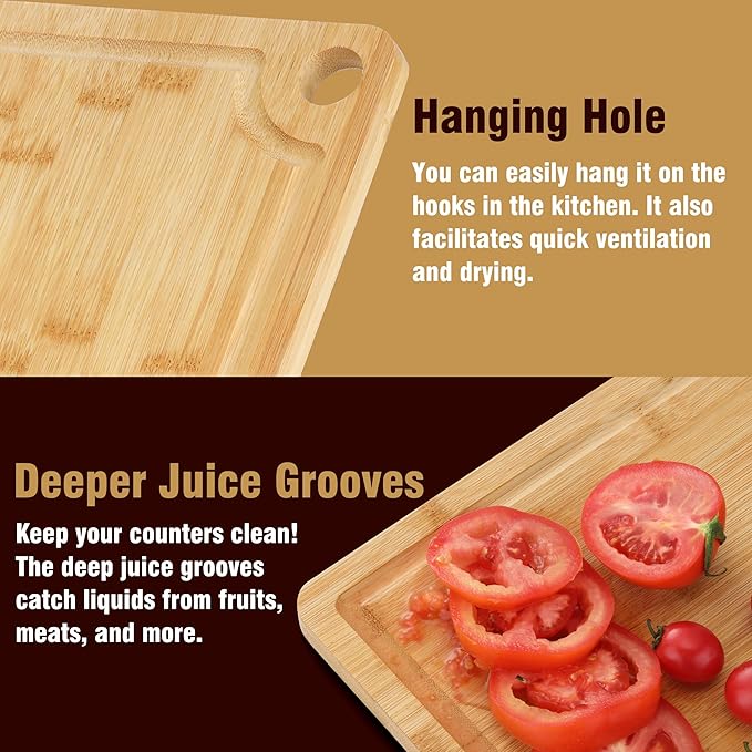 Sentk 3Pcs Bamboo Cutting Boards for Kitchen,Wooden Cutting Boards with Juice Grooves,Built-in Handles & Hanging Holes,Knife Friendly,Ideal for Chopping Meat、Vegetables and Fruit Serving，Kitchen Gift