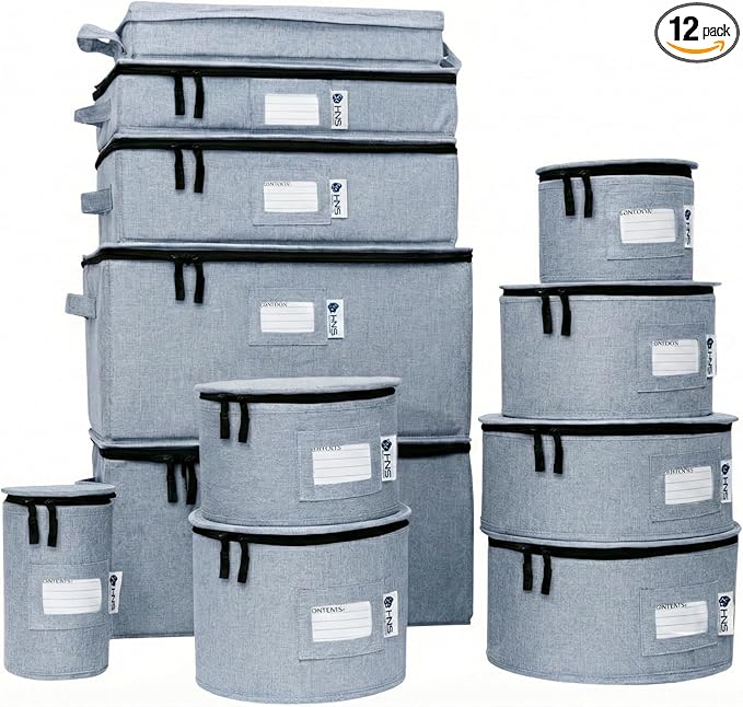 Hard Shell China Storage Containers 8-Piece Set Moving Boxes for Dinnerware, Glasses, Plates, Mugs and Saucers Sturdy Dish Organizer with Dividers for Seasonal Storage - Service for 12 - Grey