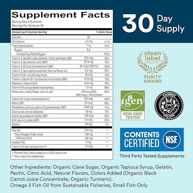 SmartyPants Multivitamin for Men & Women: Multivitamin Gummies with Vitamin D3, C, Vitamin B12, B6, A, K & Zinc, Omega 3 Fish Oil (EPA/DHA), Biotin, Gluten Free, 180 Count (30 Day Supply)