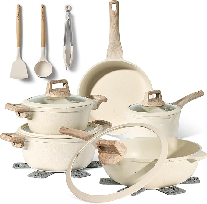 JUST PERFECTO Induction Pots Set - Pan Set with Lid - Induction Pots Set - Pots & Pans Set without PTFE and PFOA - Cookware Pot Set Induction 14Pcs (light beige)