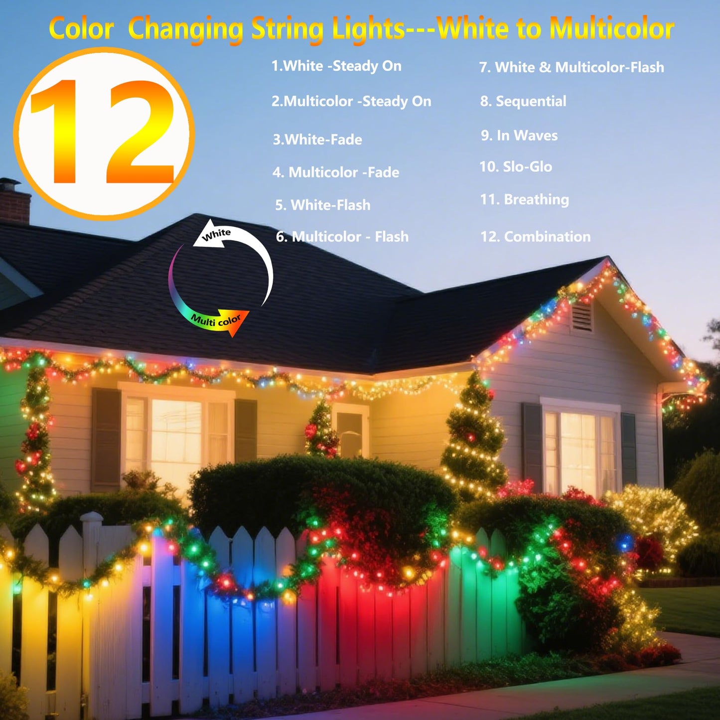 Joomer Solar String Lights, 144FT 400 LED, 12 Modes, Waterproof, Color Changing, White to Multicolor, 2 Pack