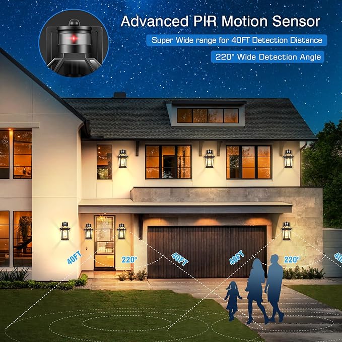 VIANIS Motion Sensor Outdoor Lighting, Outdoor Wall Lights Wall Mount with Clear Glass, Black Dusk to Dawn Garage Light Sconce, Waterproof Exterior Lights for House, Brightness Distance Adjustable