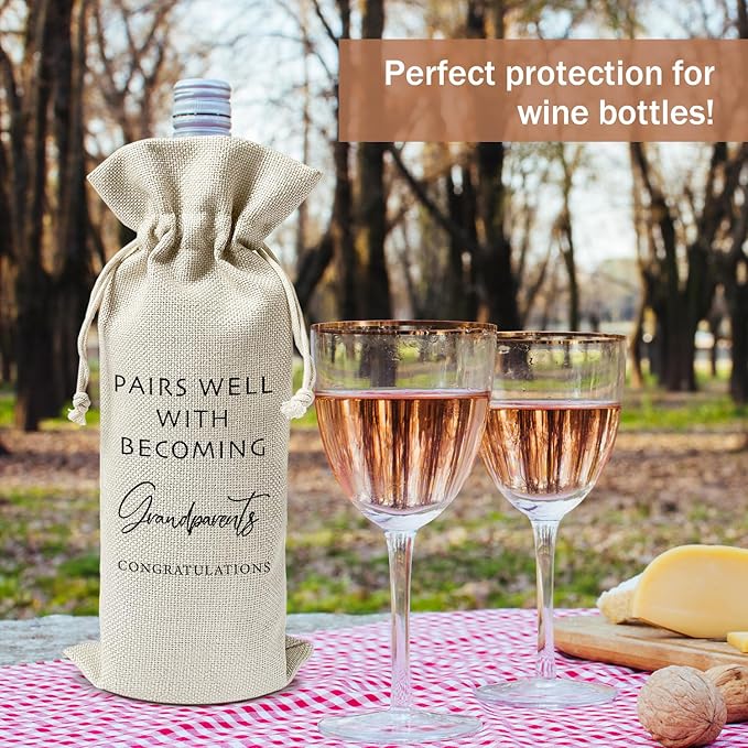 Pregnancy Announcement for Grandparents Wine Gift Bags, First Time Grandparents Gifts for Grandparents, 1pcs Reusable Burlap Wine Gift Bags for Wine Bottles, Baby Announcement Holiday Party Favor -22