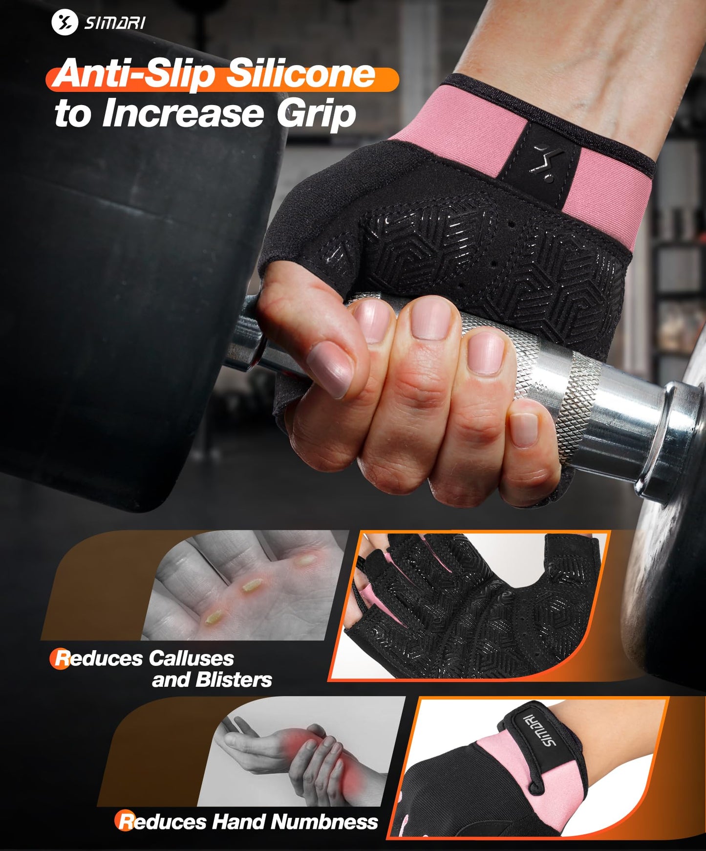 SIMARI Breathable Workout Gloves for Men & Women, Weight Lifting Gloves with Padded, Grip, Full Palm Protection, Gift for Gym Exercise, Cycling, Weightlifting Training, Fitness, Pink, Size S