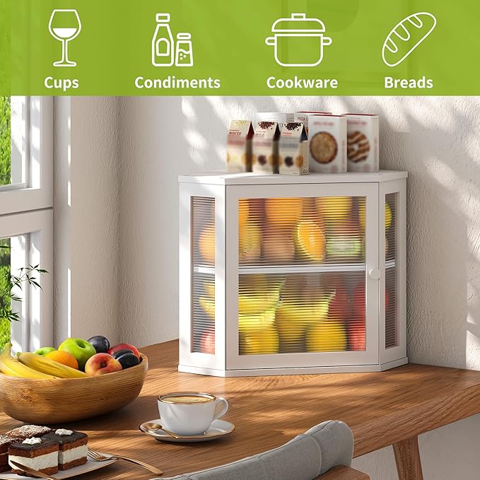 BMOSU Corner Bread Box for Kitchen Countertop Double Layer Bamboo Wooden Bread box Large Capacity Bread Storage Bin(White, Medium)