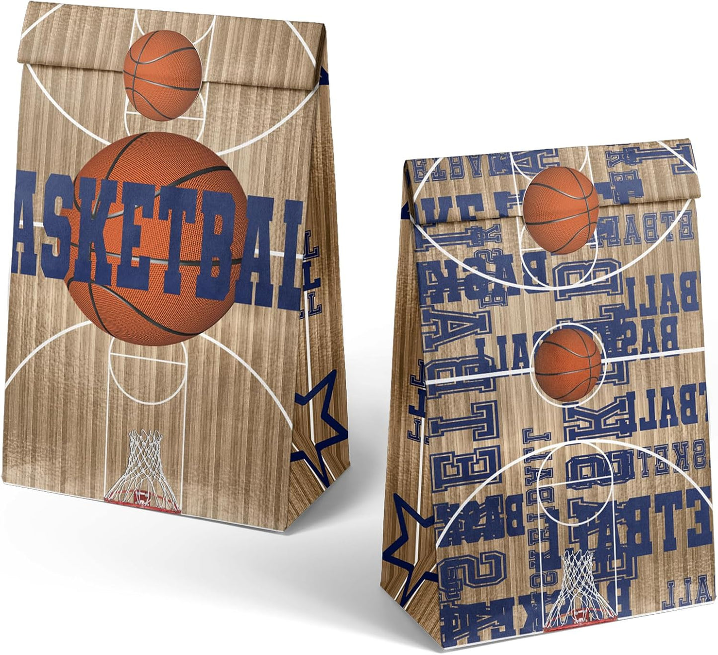 Basketball Party Favor Bags – 24 Pcs Basketball Gift Bags with 5 Designs, Paper Goodie Bags for Sports Theme Birthday Party Decorations and Supplies