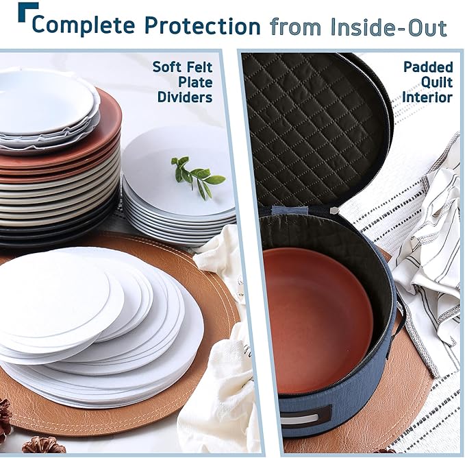 Fine China Storage Containers Hard Shell, 4 Piece Dish Storage Containers, Quilted Plate Containers, Stackable Dish Organizer with Dividers, Dinnerware Storage for Moving and Seasonal Storage, Blue