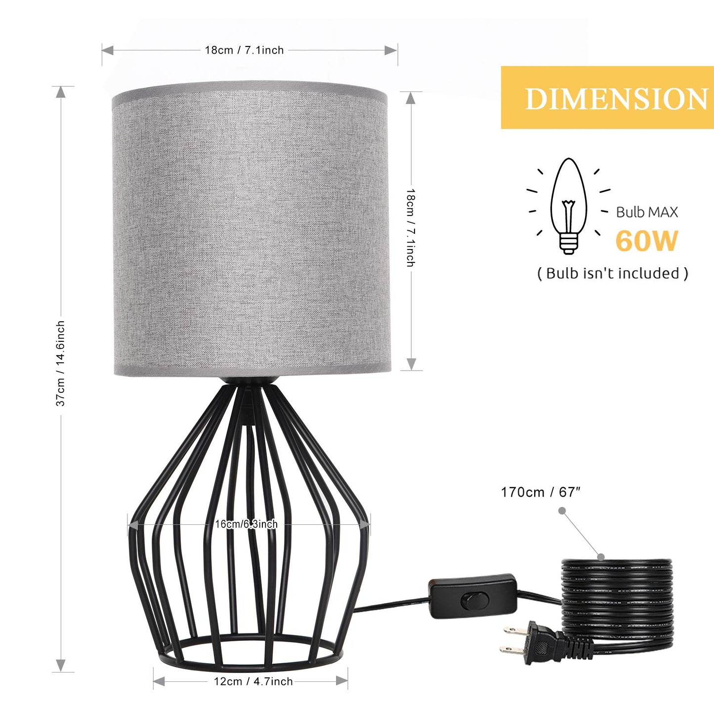 Haitral Farmhouse Table Lamp - Small Gray Metal Cage Nightstand Lamp, 14.6X7.09X6.3, Model Ht-Btl47