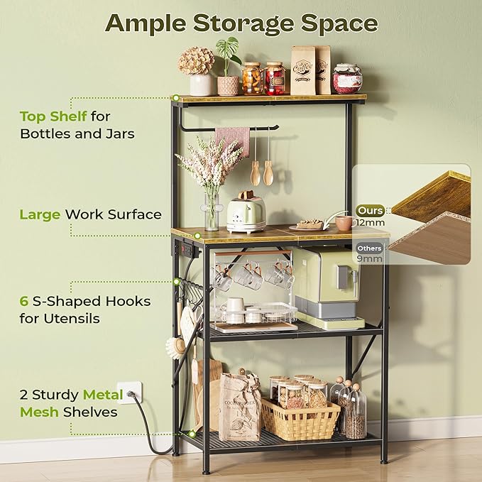 Huuger 4-Tier Bakers Rack with Reversible Power Outlet, 23.6 Inch Microwave Stand with Paper Towel Holder, Kitchen Bar, Larger Storage with Top Shelf, 6 S Hooks, Rustic Brown