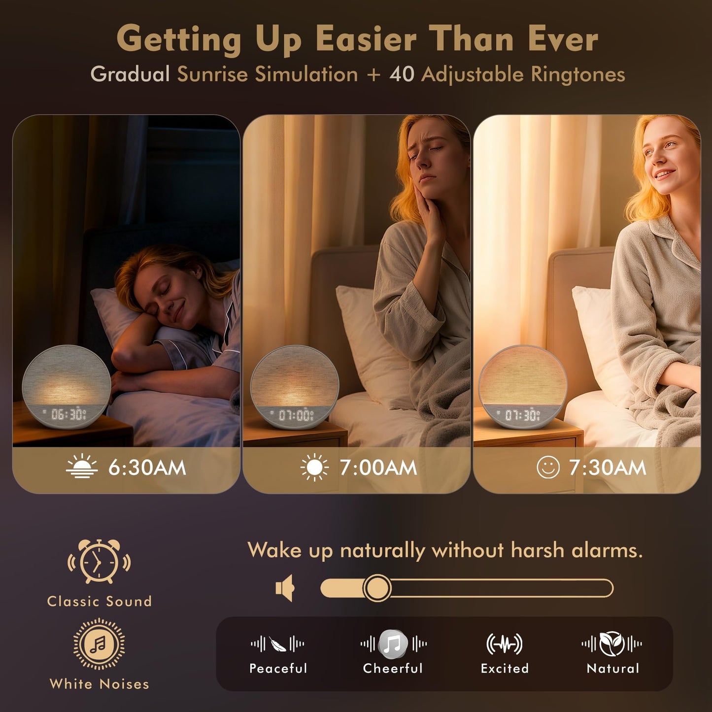Tap-to-Snooze Sunrise Alarm Clock with Sound Machine, 36 Sounds White Noise Machine for Sleeping Adults, Gradual Sunrise Clock with Bluetooth Speaker & Remote Control, 15-Color Night Light丨Beige