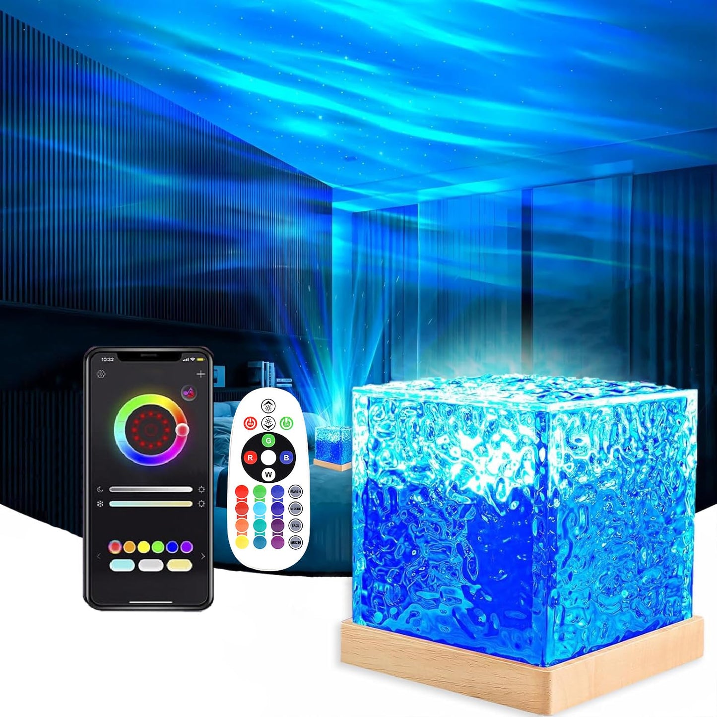 Rechargeable Shower Lamp with Remote and APP, 16 Colors Changeable Ocean Wave Projector Light , Dimmable Waterproof Shower Light