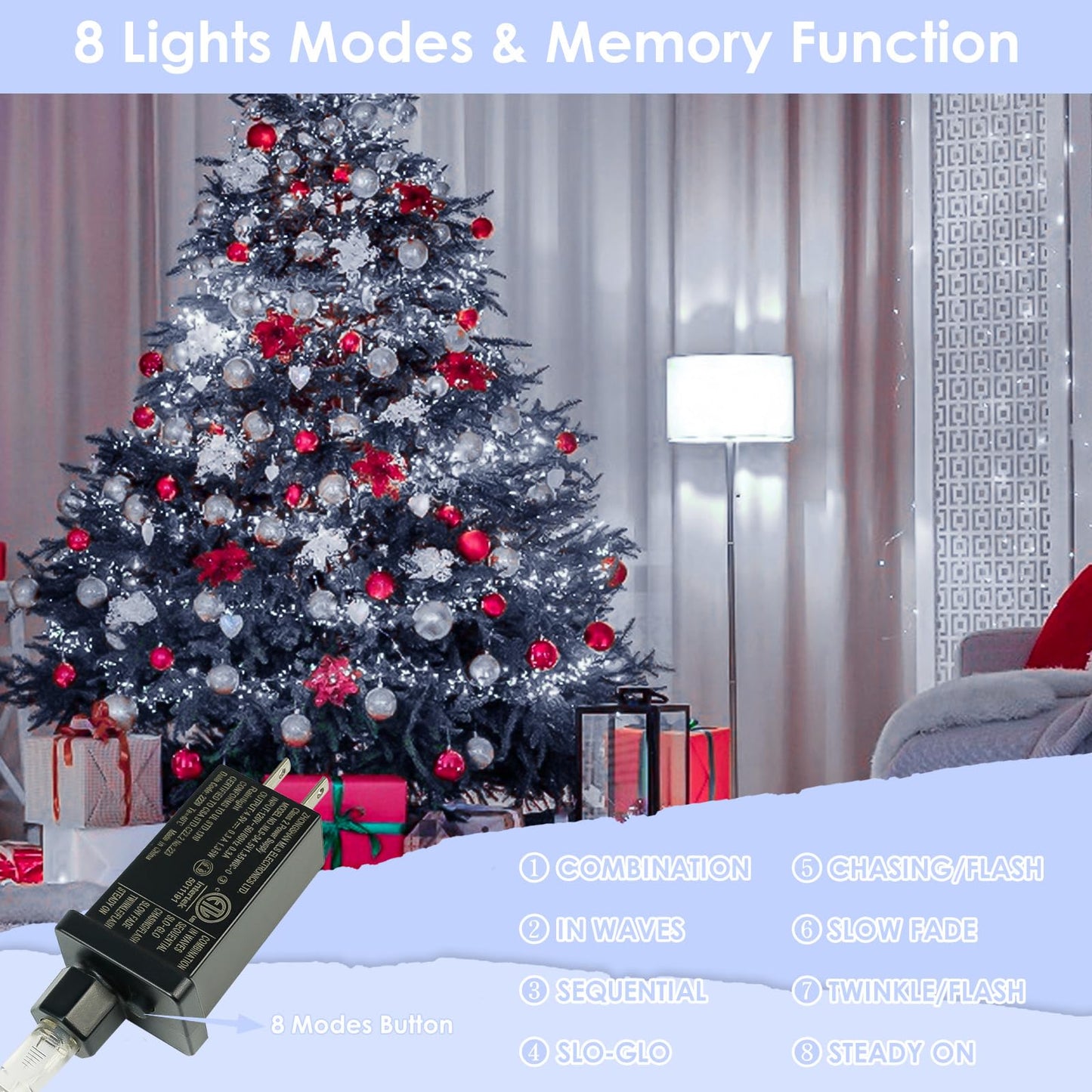 BHCLIGHT 33Ft 100LED Fairy Lights, Waterproof String Lights, 8 Modes with Timer, Cool White, Model MLS-D4.5V1.35WUC-O