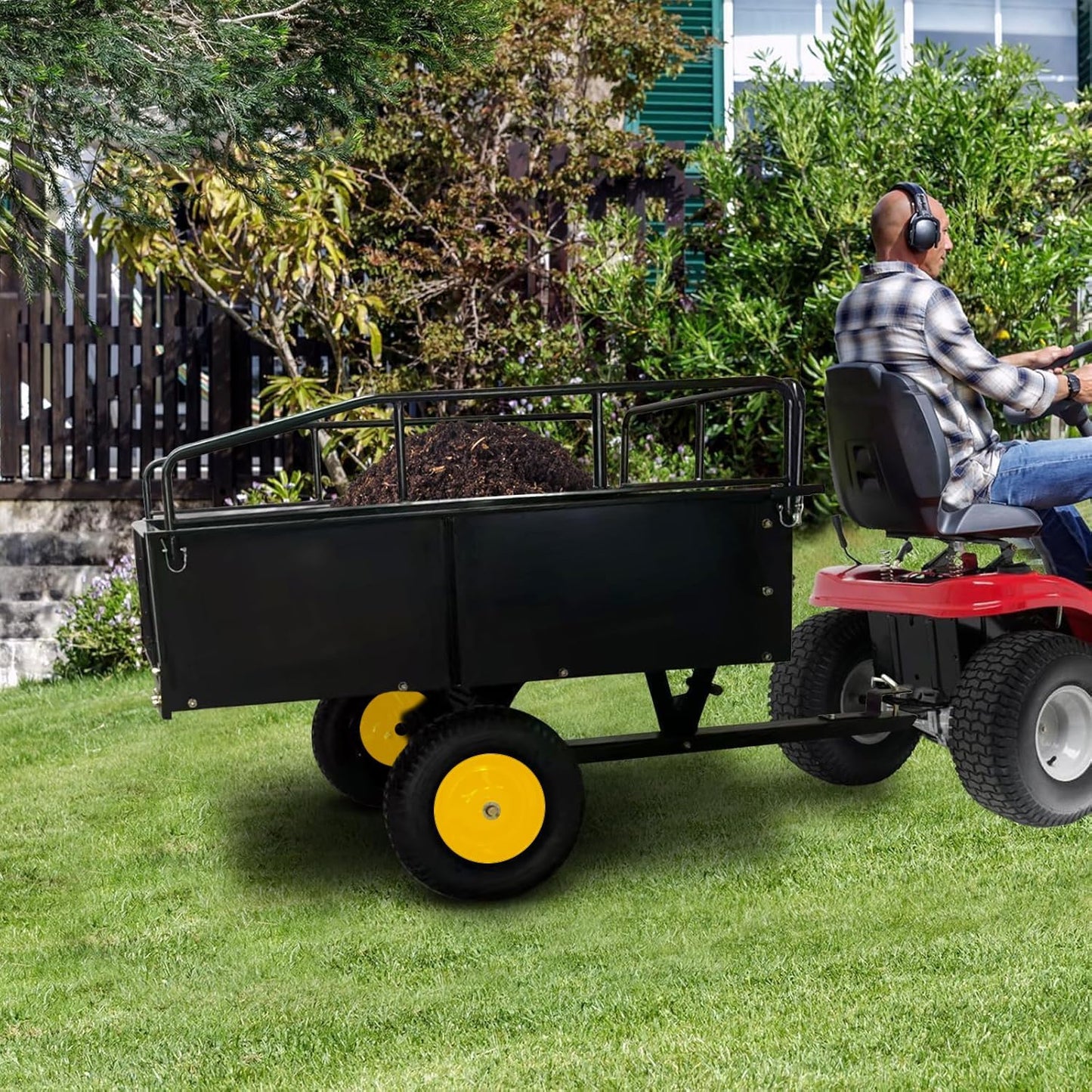 750 Lbs Capacity ATV/UTV Dump Trailer – 15 Cu. Ft. Heavy-Duty Steel Utility Cart with Removable Sides, Universal Hitch, Hand/Foot Lever Dump, for Lawn Tractor & Riding Mower
