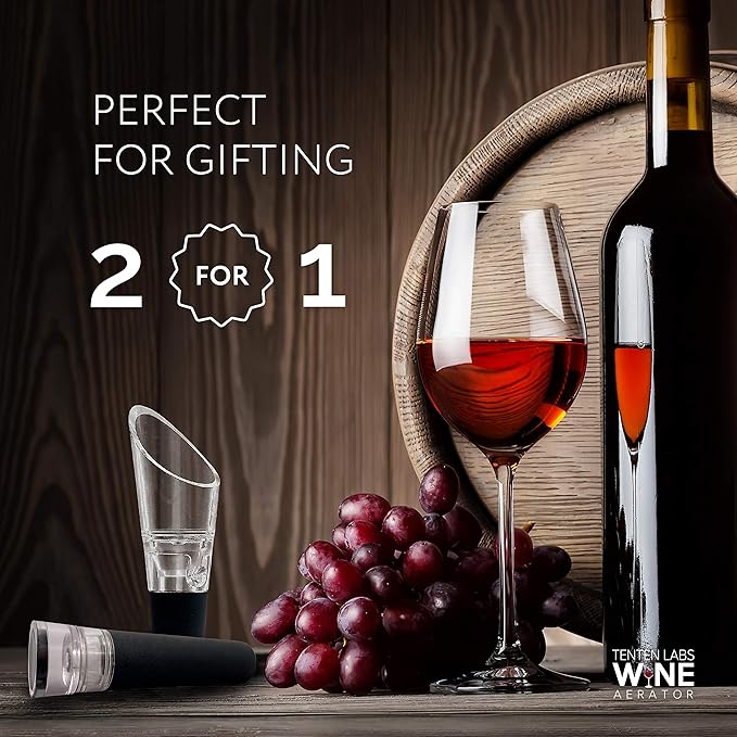 TenTen Labs Wine Aerator and Pump Classic (2-pack) - Aerating Spout and Vacuum Stopper - Gift Box Included