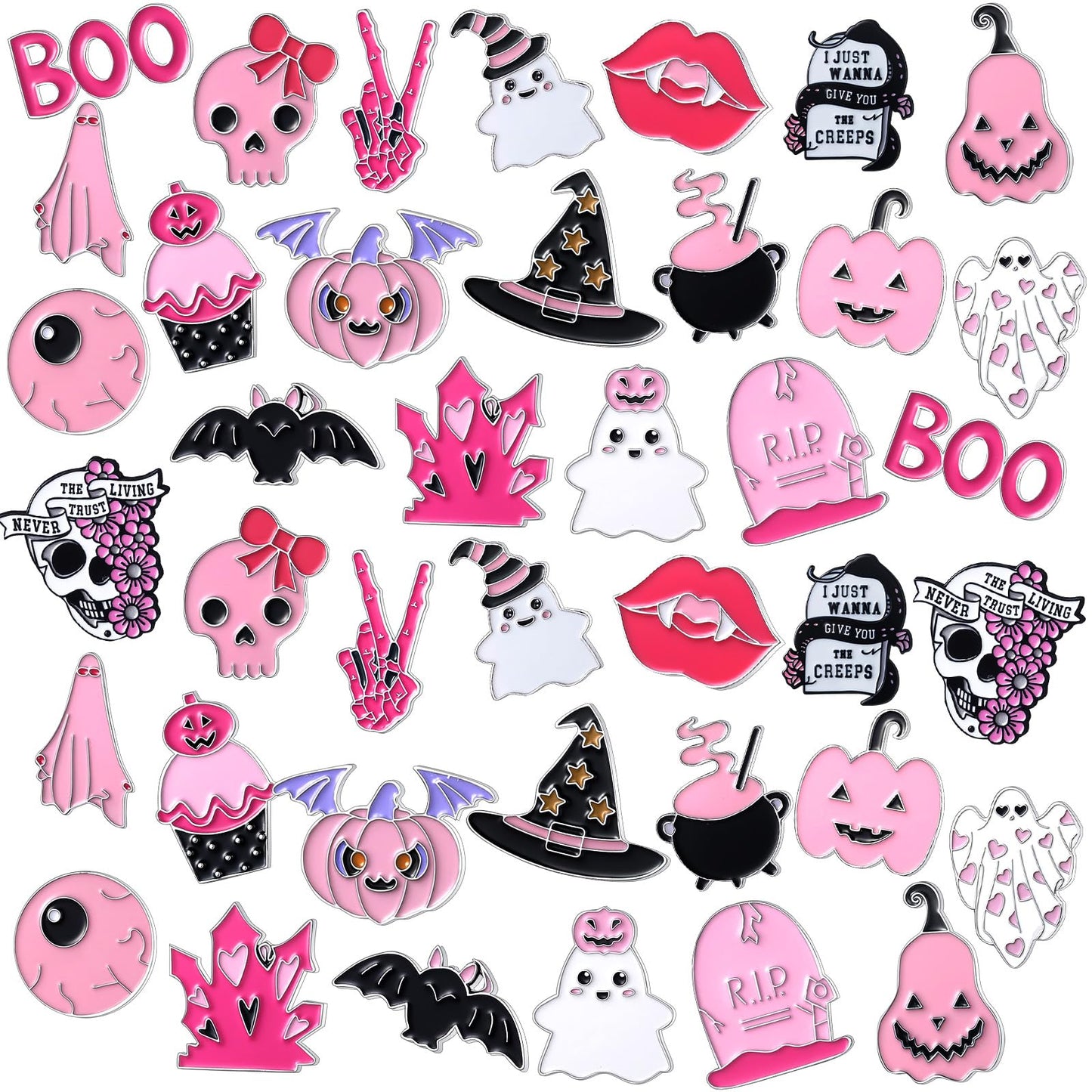 CraftyDream 40 Pcs Pink Halloween Enamel Pins Bulk for Backpacks Cute Skull Boo Bat Decorative Brooches Pink and Black Halloween Lapel Pins for Girly Clothes Bags Hat Accessories Gift