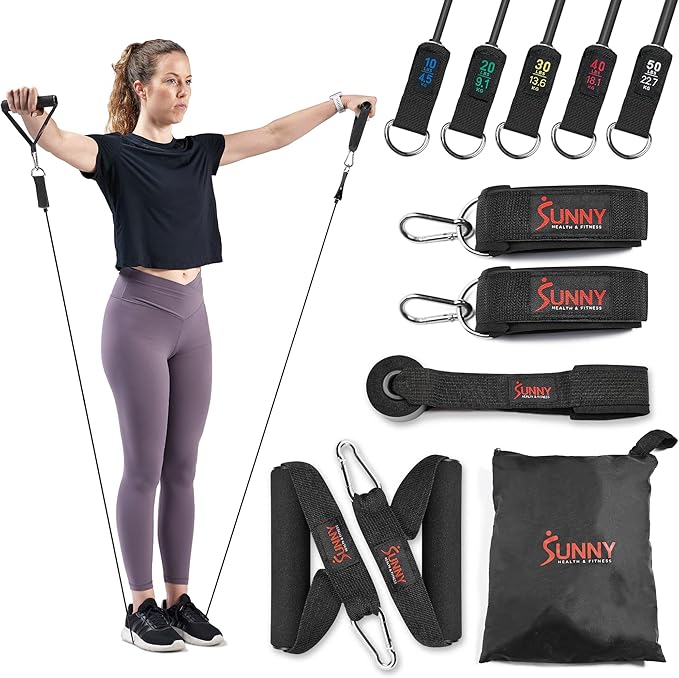 Sunny Health & Fitness Premium Resistance Band Set with Door Anchors, Wrist Straps, Handles Carry Bag Optional Padded Ankl...