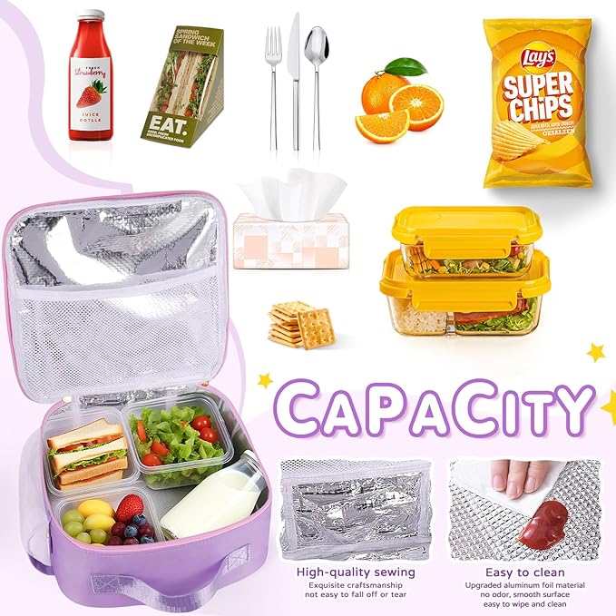 Lunch Bag Kids,Insulated Lunch Bag With Adjustable Shoulder Strap,Reusable Lunch Bag for Kids, Girls,Boys, lunch Bag Women,Preppy Lunch Box for School,Travel, Picnic (purple)