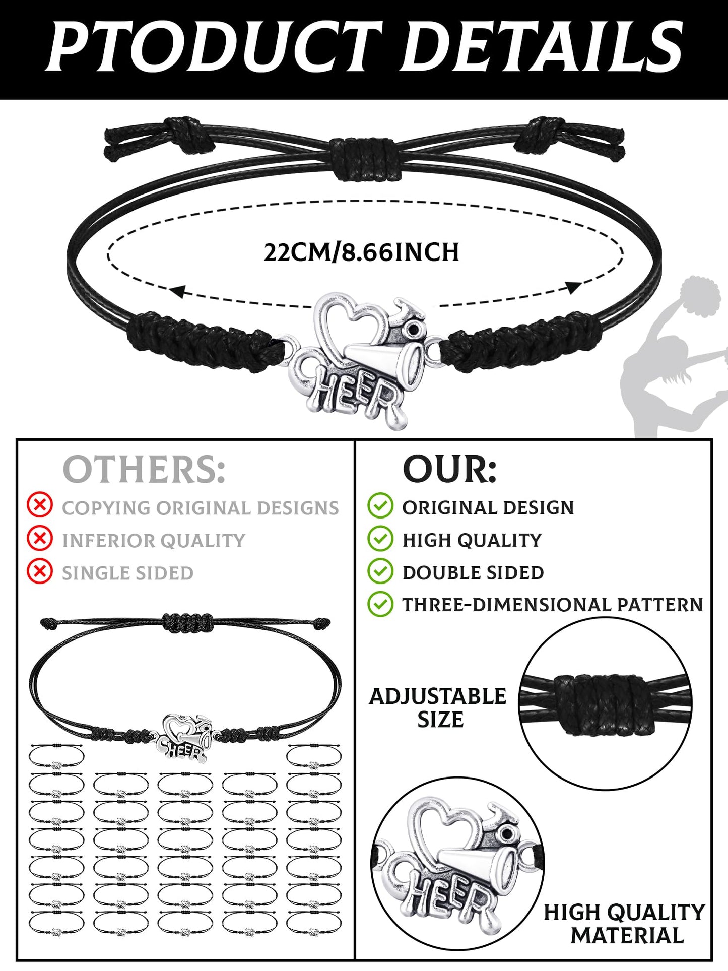 Rtteri 20 Pcs Cheerleader Gifts Cheer Bracelet Girls Charm Bracelet Adjustable Cheerleader Gifts For Cheer Team Jewelry Accessor