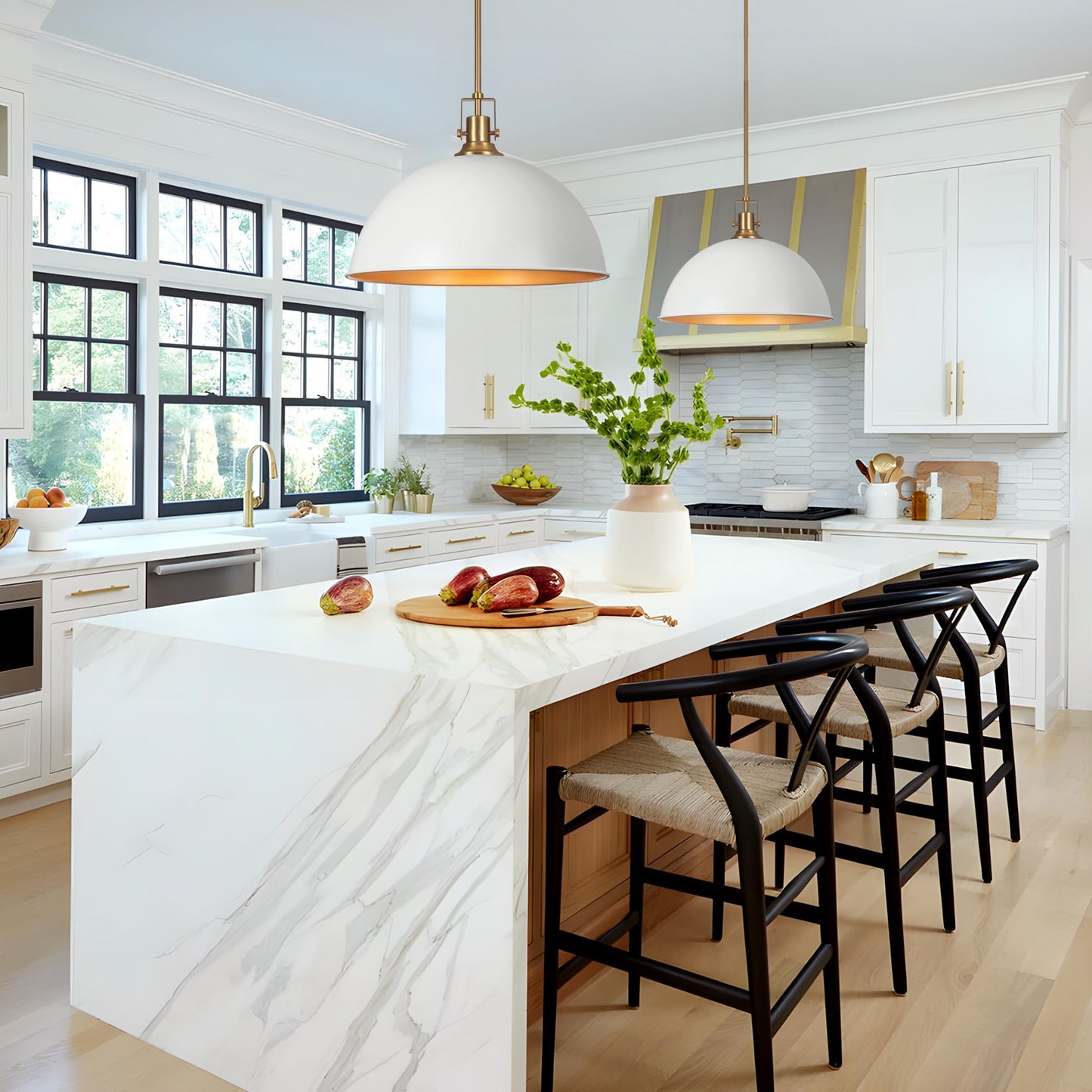 Lamqee 18 Inch White And Gold Large Pendant Light Kitchen Island  Farmhouse Modern Dome Pendant Light Fixtures Ceiling Hanging Lighting Chandelier For Dining Room Over Table  Bar  Hallway  Entryway